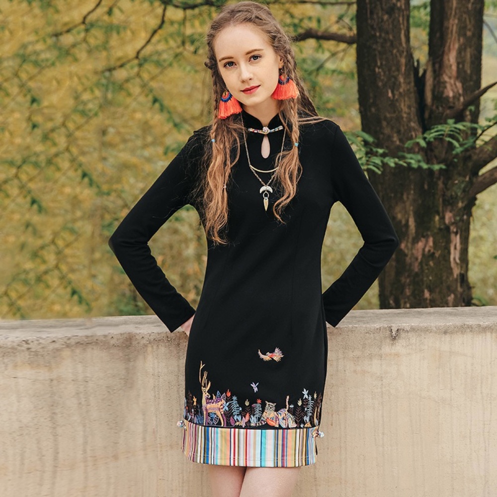 LiÉBO UNIQUE LongSleeve Black Dress featuring a traditional Chinese Style collar